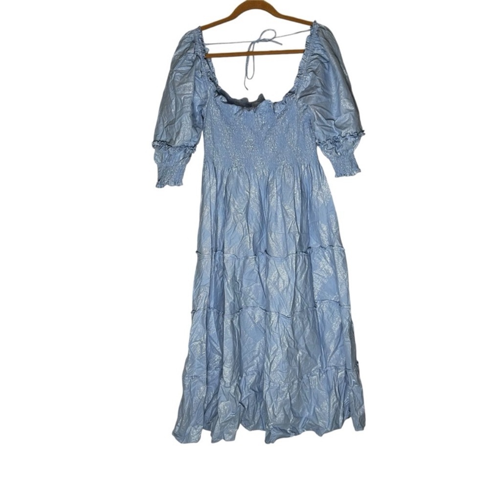 Hill House Nesli Nap Dress Light Blue Metallic Glitter Smocked Square Neck Midi
